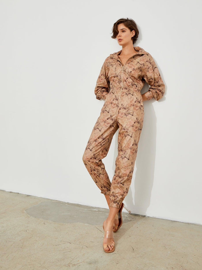 Floral Patterned Faux Leather Jumpsuit
