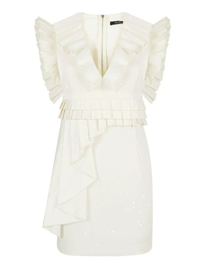 Deep V Neck Pleated Dress White