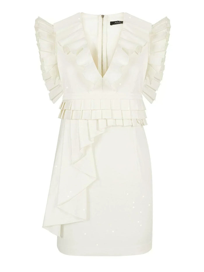 Deep V Neck Pleated Dress White