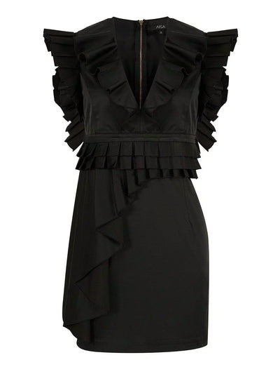 Deep V Neck Pleated Dress Black