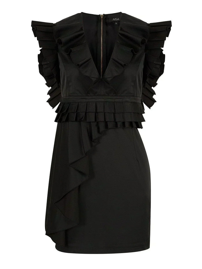 Deep V Neck Pleated Dress Black