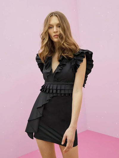 Deep V Neck Pleated Dress Black