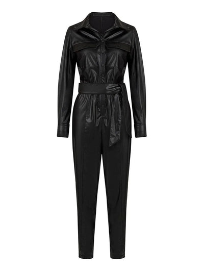 Belted Faux Leather Jumpsuit