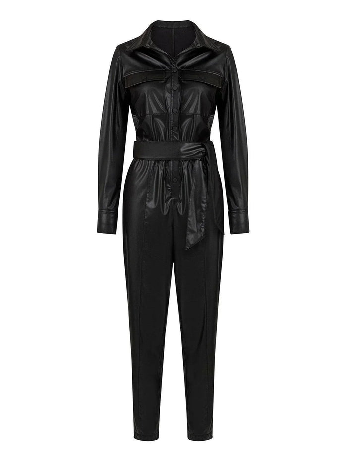 Belted Faux Leather Jumpsuit