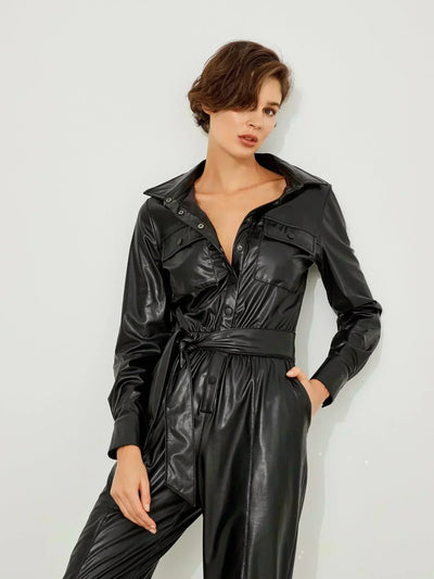 Belted Faux Leather Jumpsuit