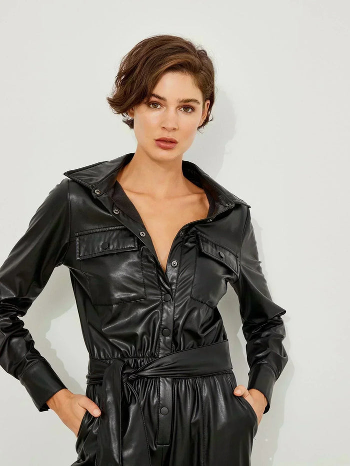 Belted Faux Leather Jumpsuit