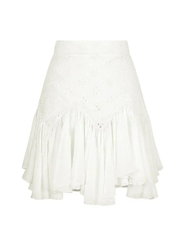 Flounce Detailed Embroidered Skirt White